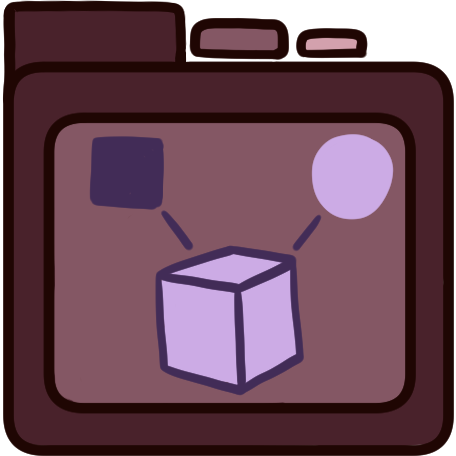 a red file folder with a lilac cube on it, 2 lines go from the cube to a square and a lilac circle.